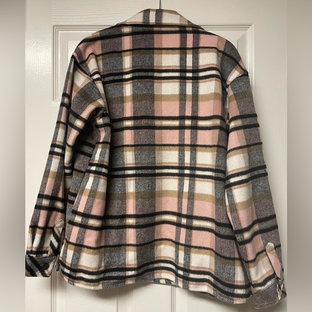 Plaid Shacket jacket shirt Wool blend Size Pink, gray M outdoors, coat, pockets - Picture 3 of 9